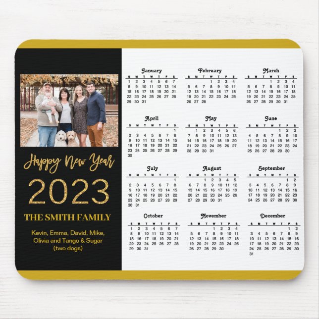 2023 Calendar Gold Script Simple Family Photo Mouse Mat (Front)