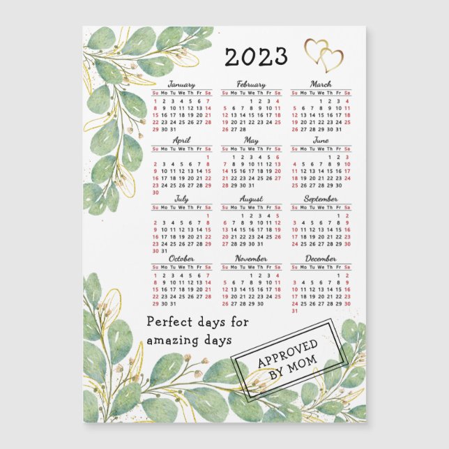 2023 Calendar Magnet Eucalyptus White Black Red (Front)