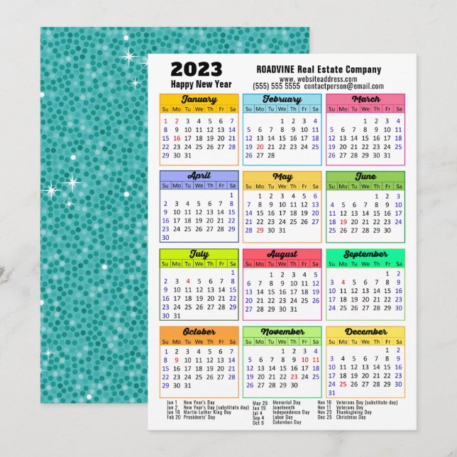 2023 Calendar Mint Green Glitter Modern Business Holiday Card (Front/Back)