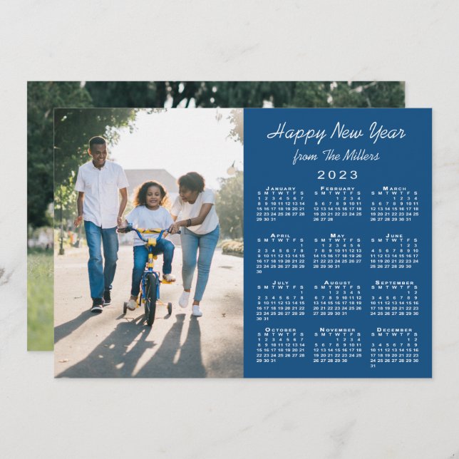 2023 Calendar Modern Blue 2 Photo Happy New Year Holiday Card (Front/Back)