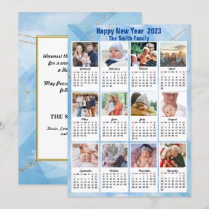 2023 Calendar Modern Family 12 Photo Blue Gold Holiday Card