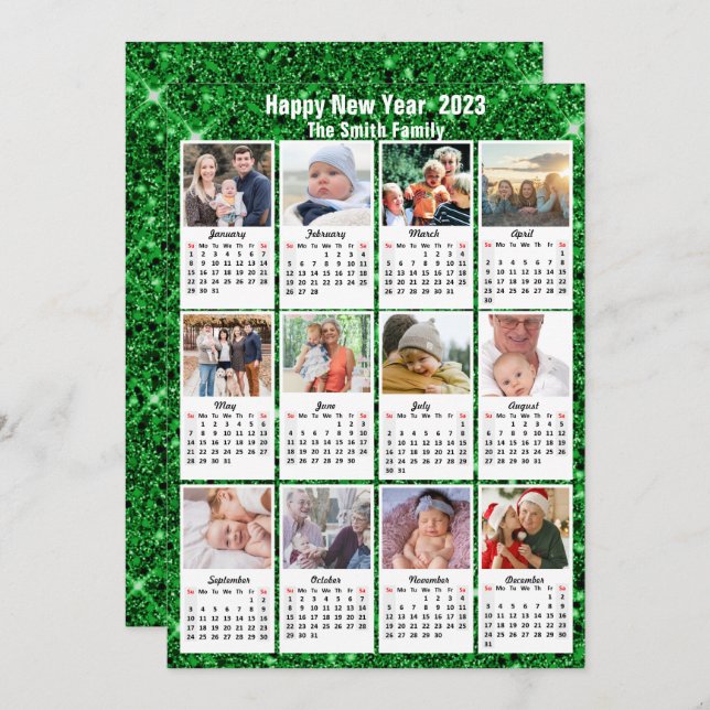 2023 Calendar Modern Family 12 Photo Green Glitter Holiday Card (Front/Back)