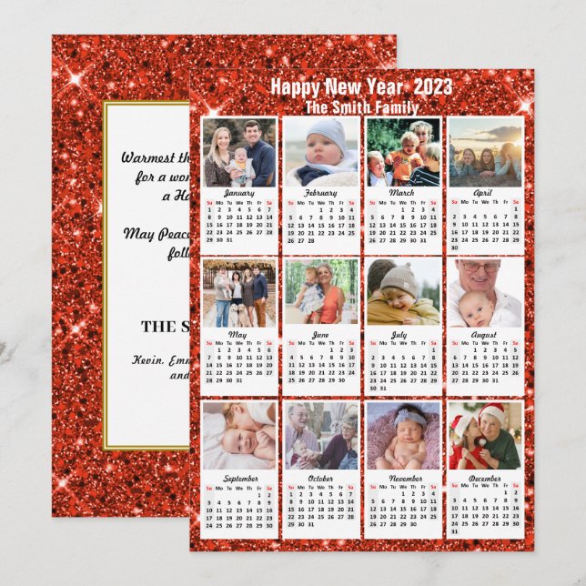 2023 Calendar Modern Family 12 Photo Red Glitter Holiday Card (Front/Back)