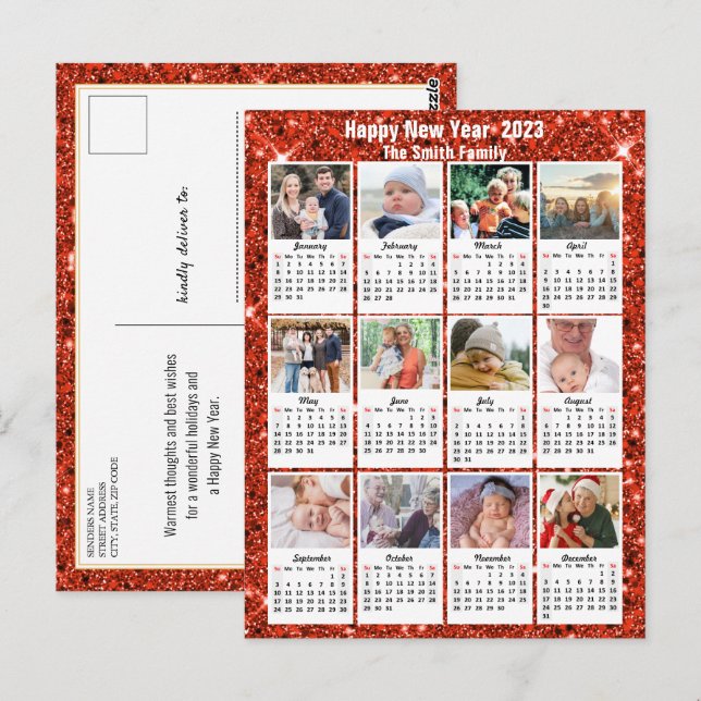 2023 Calendar Modern Family 12 Photo Red Glitter Postcard (Front/Back)