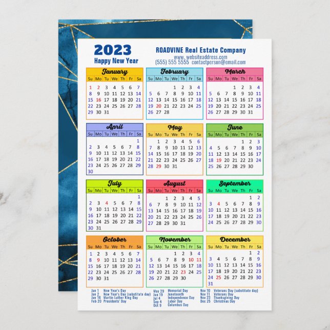 2023 Calendar Modern Geometric Blue Business Photo Holiday Card (Front/Back)