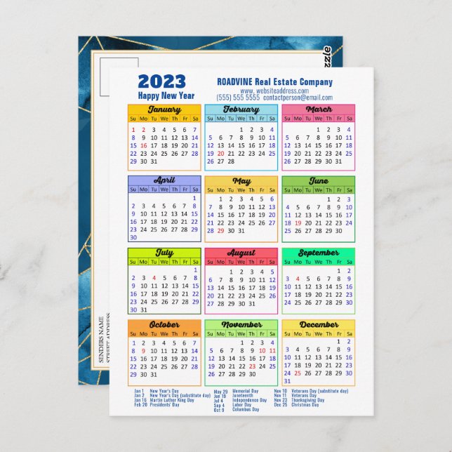 2023 Calendar Modern Geometric Blue Business Postcard (Front/Back)