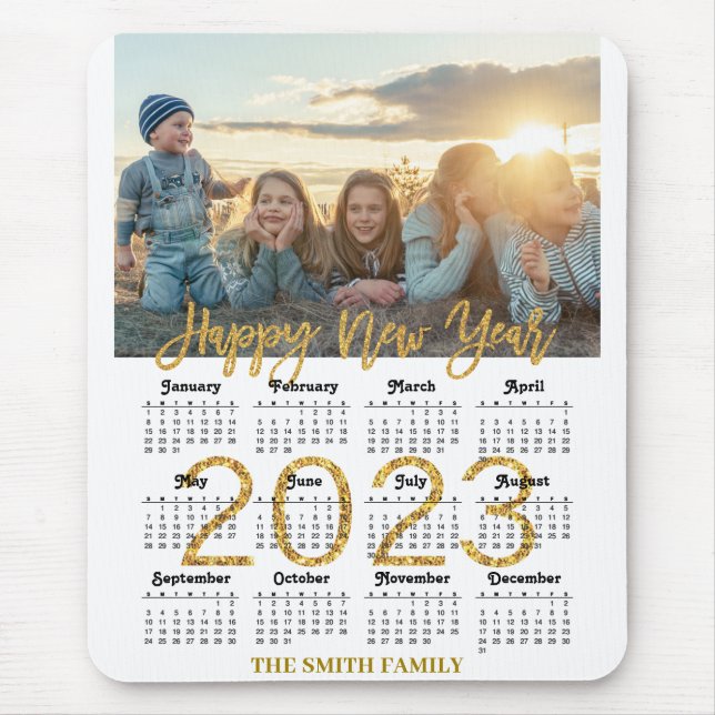 2023 Calendar Modern Gold Glitter Script Photo Mouse Mat (Front)