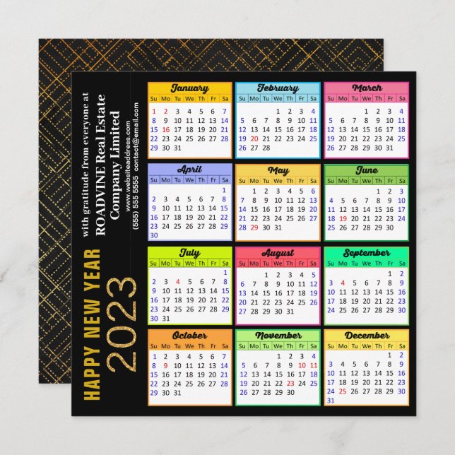 2023 Calendar Modern Gold Script on Black Business Holiday Card (Front/Back)