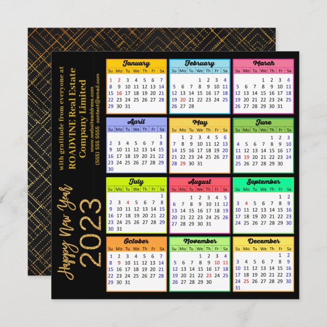 2023 Calendar Modern Gold Script on Black Business Holiday Card (Front/Back)