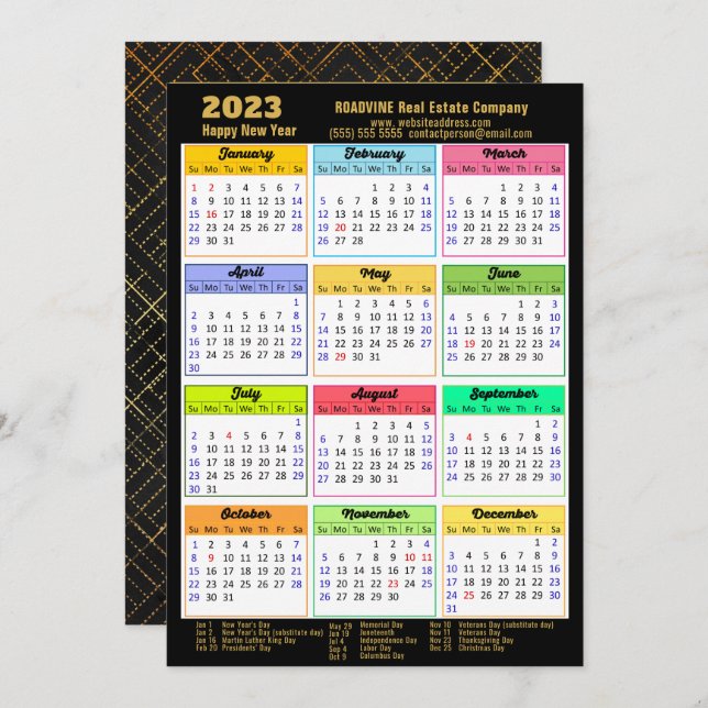 2023 Calendar Modern Gold Script Photo Business Holiday Card (Front/Back)