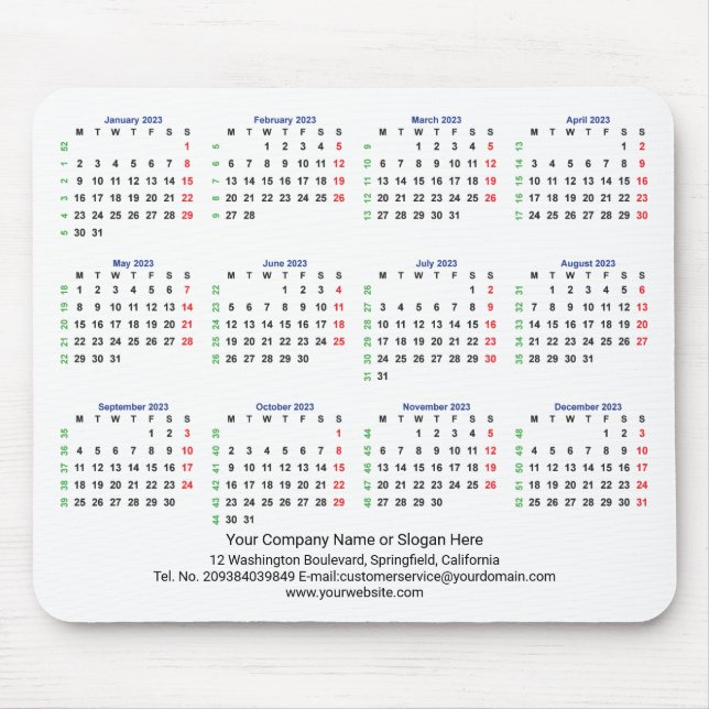 2023 Calendar MONDAY START - ISO Week Mouse Pad (Front)