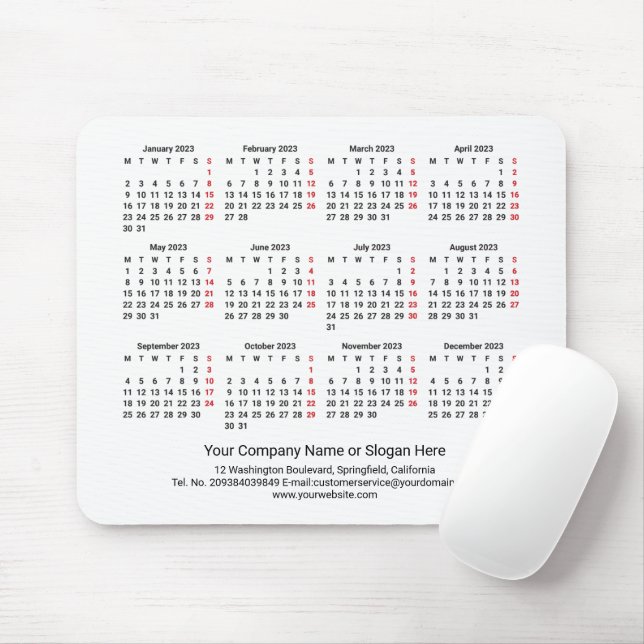 2023 Calendar MONDAY START White Minimalist Mouse Mat (With Mouse)