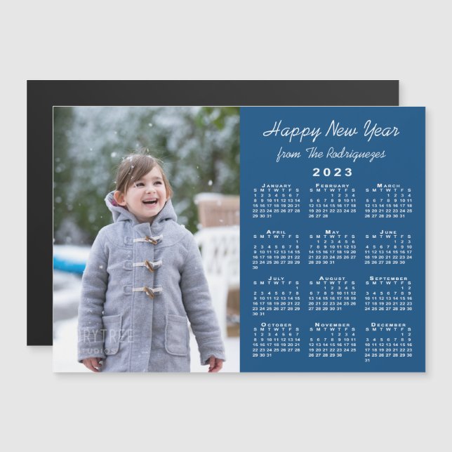 2023 Calendar Photo Happy New Year Blue Magnet (Front/Back)