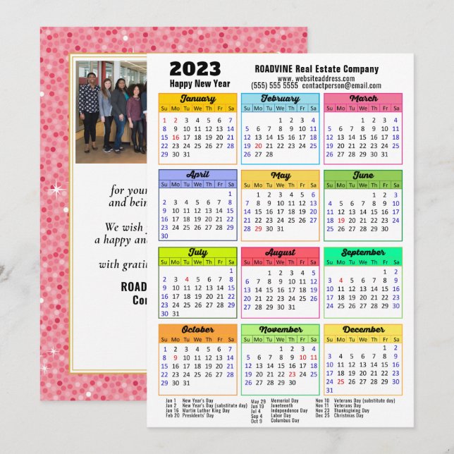 2023 Calendar Pink Glitter Modern Business Photo Holiday Card (Front/Back)