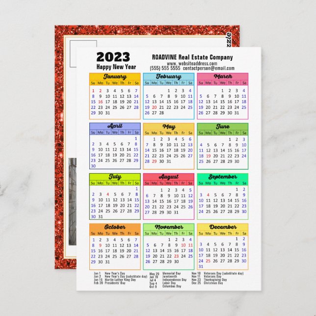 2023 Calendar Red Glitter Modern Business Photo Postcard (Front/Back)