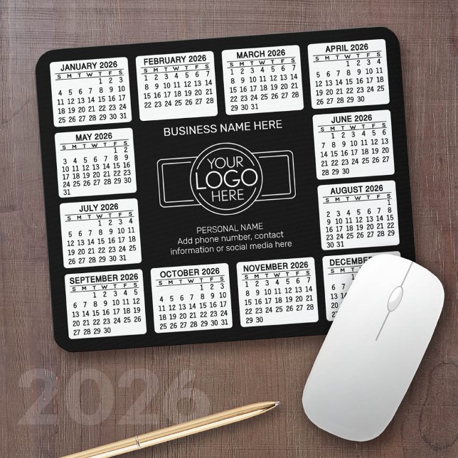 2023 Calendar with logo, Contact Information Black Mouse Mat (2026 Calendar with your logo - Great Business Gift or Home Office Decor)