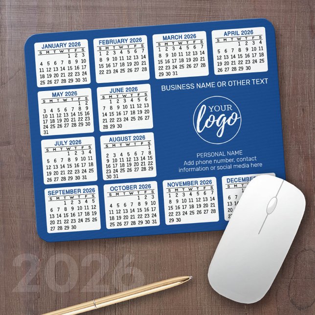 2023 Calendar with logo, Contact Information Blue Mouse Mat (2026 Calendar with your logo or photos - Great Business Gift or Home Office Decor)