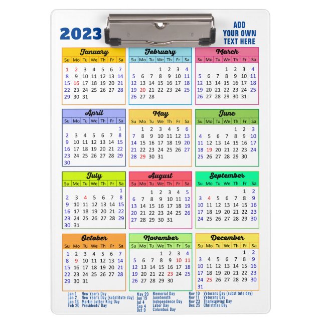 2023 Calendar with Public Holidays Modern Blue Clipboard (Front)