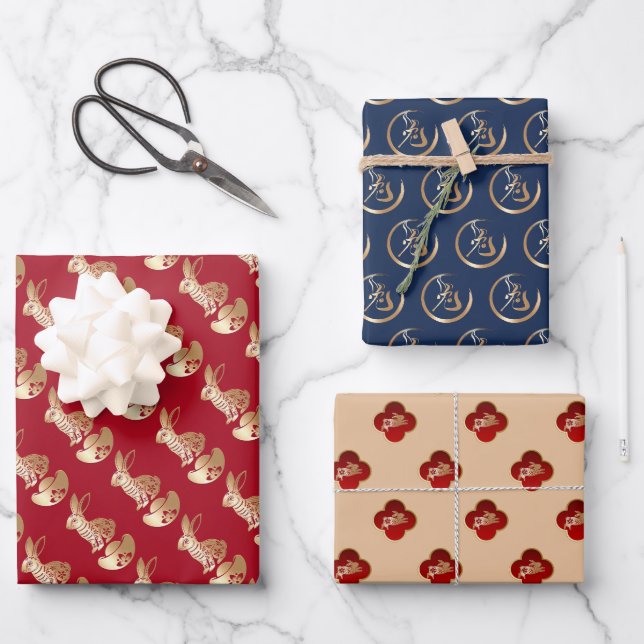 2023 Chinese New Year of Rabbit Red Blue Gold Wrapping Paper Sheet (Front)