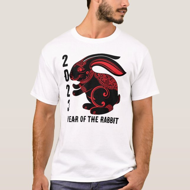 2023 Chinese Year of the Rabbit, black red T-Shirt (Front)