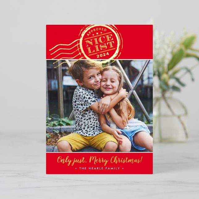2023 CHRISTMAS PHOTO cute kids Nice List stamp red Foil Holiday Card (Standing Front)