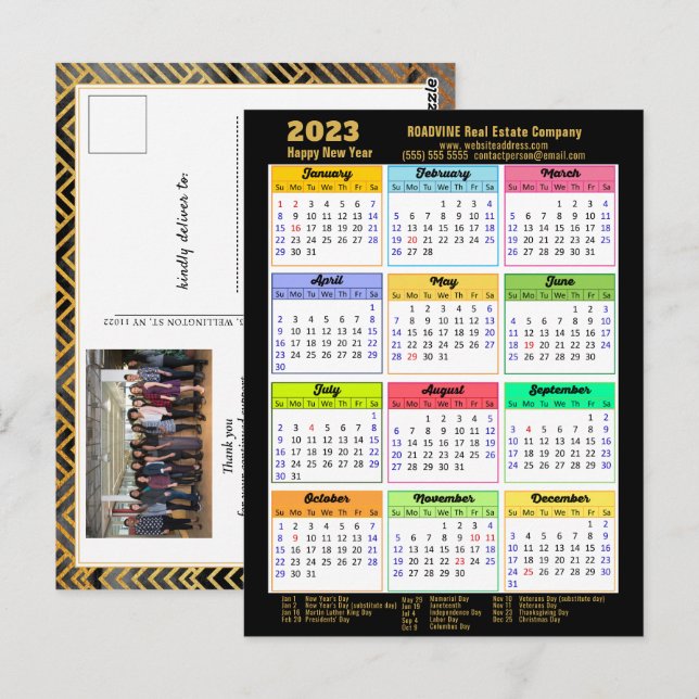 2023 Corporate Black Gold Modern Calendar Photo Postcard (Front/Back)