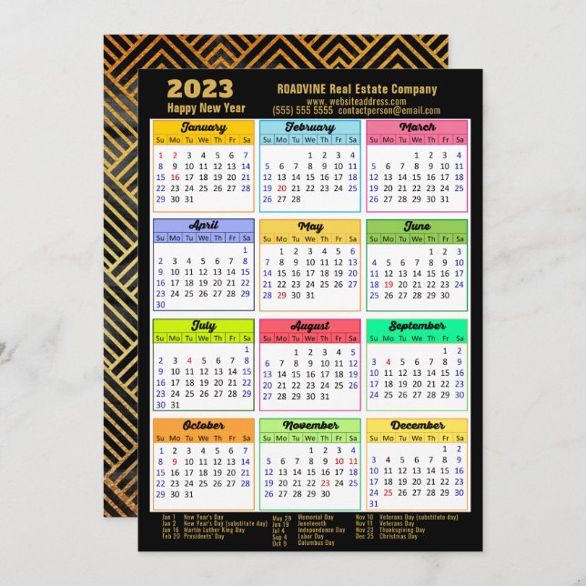 2023 Corporate Black Gold Script Modern Calendar Holiday Card (Front/Back)