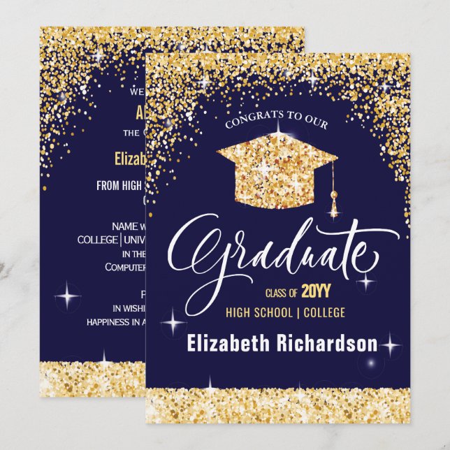 2023 Elegant Calligraphy Gold Glitter Graduation Announcement (Front/Back)