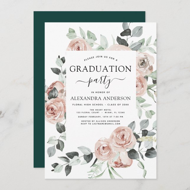 2023 Emerald Green Graduation Floral Greenery Invitation (Front/Back)