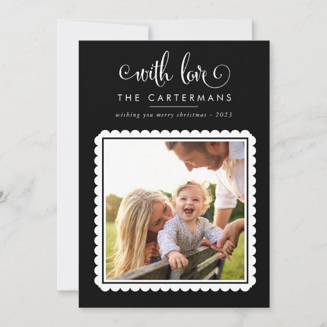 2023 FAMILY PHOTO cute elegant scallop black white Holiday Card (Front)