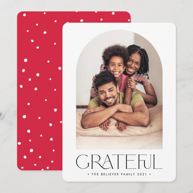 2023 FAMILY PHOTO minimalist arch GRATEFUL red Announcement (Front/Back)