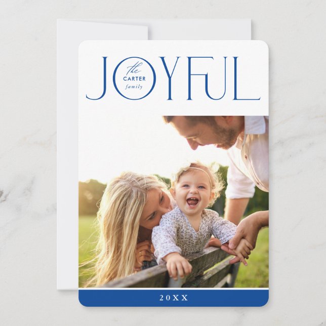 2023 FAMILY PHOTO modern elegant JOYFUL blue Holiday Card (Front)