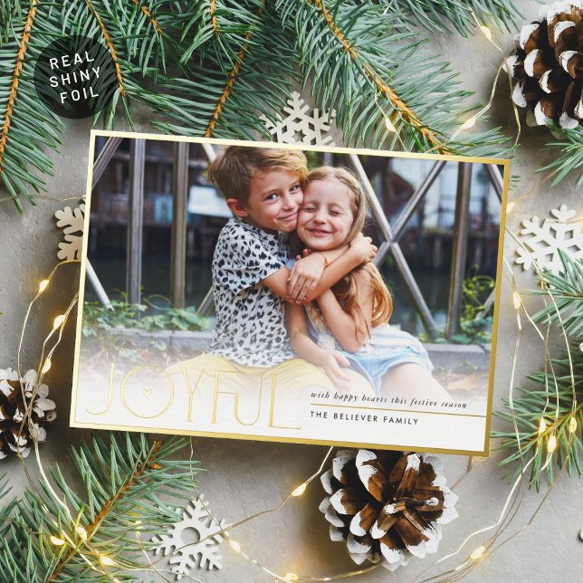 2023 FAMILY PHOTO modern kids JOYFUL heart red Foil Holiday Card (Creator Uploaded)