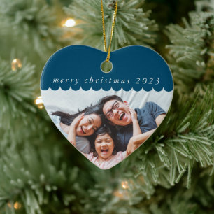 2023 FAMILY PHOTO simple cute scallop edge blue Ceramic Tree Decoration