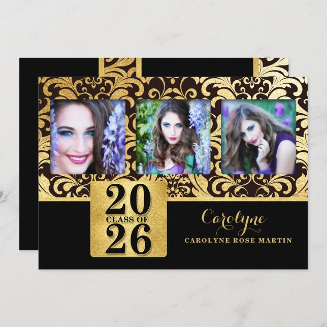 2023 Faux Gold and Black Elegant Class of Photo Invitation (Front/Back)