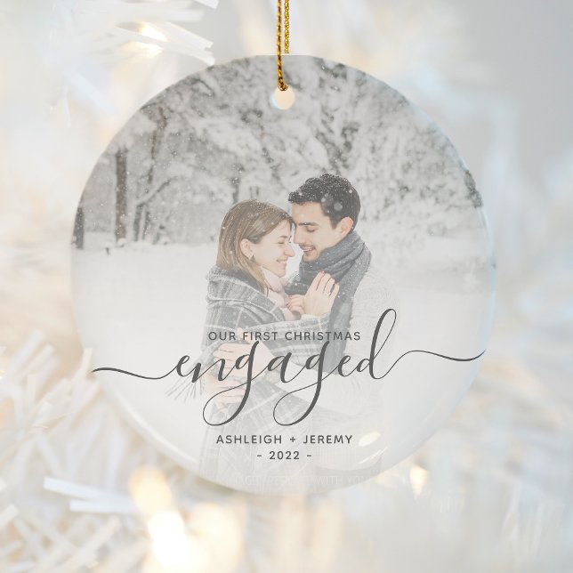 2023 First Christmas Engaged Photo Grey Script Ceramic Tree Decoration (Creator Uploaded)