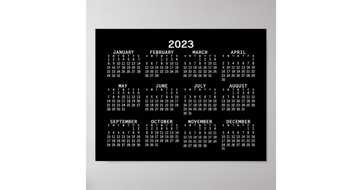 2023 Full Year View Calendar - horizontal - Black Poster | Zazzle