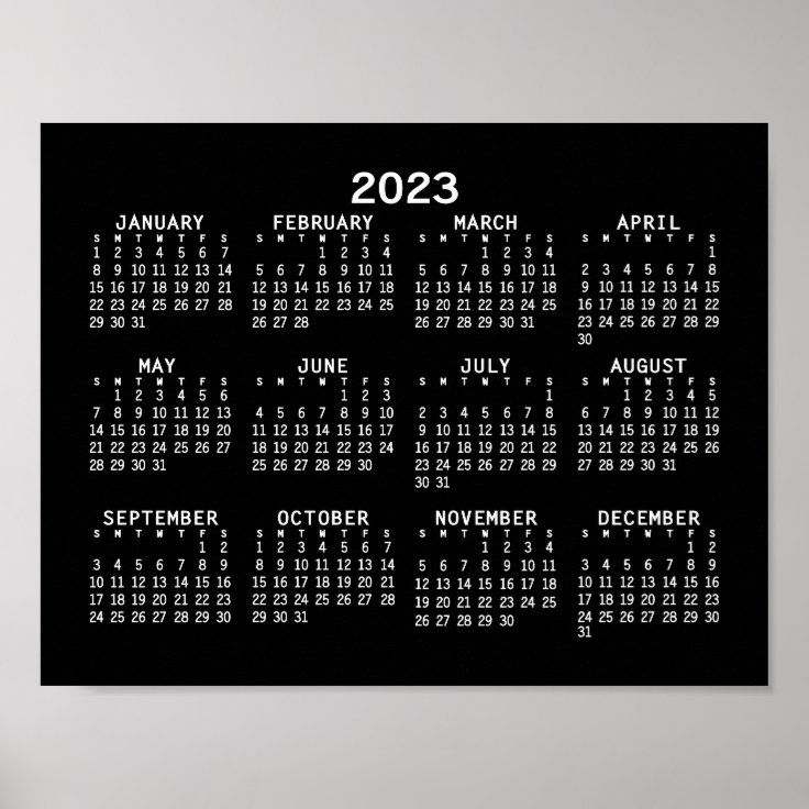 2023 Full Year View Calendar horizontal Black Poster Zazzle