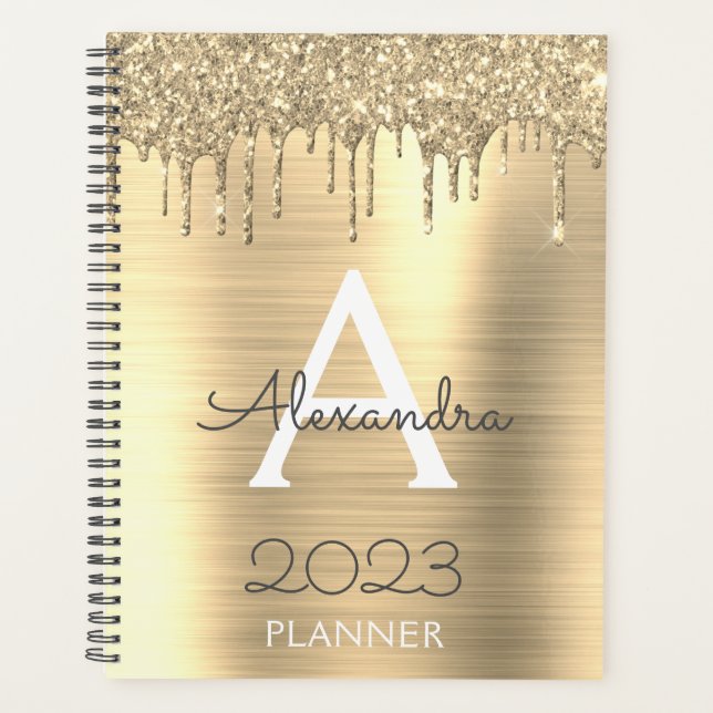 2023 Gold Glitter Sparkle Modern Monogram Planner (Front)