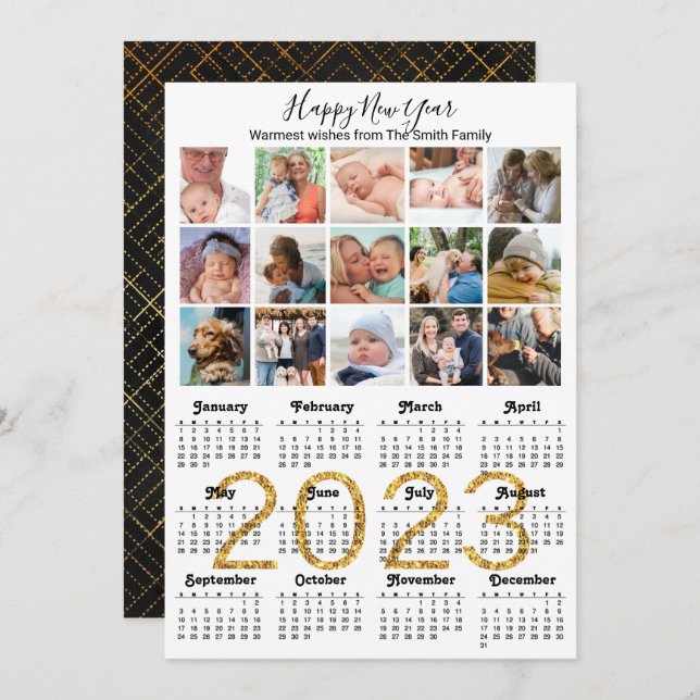 2023 Gold Script Calendar Photo Collage Modern   Holiday Card (Front/Back)