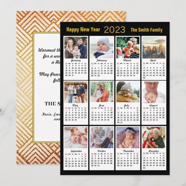 2023 Gold Script Modern Family 12 Photo Calendar Holiday Card (Front/Back)