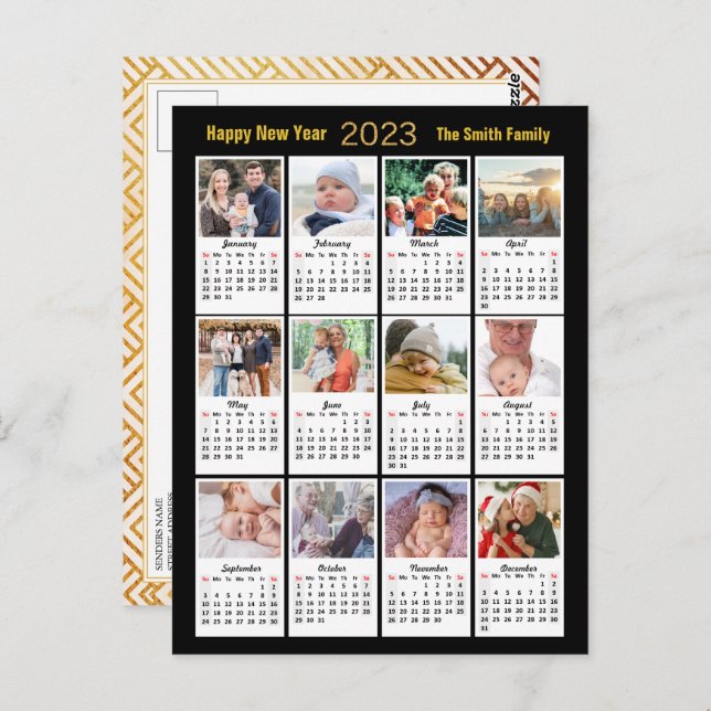 2023 Gold Script Modern Family 12 Photo Calendar Postcard (Front/Back)
