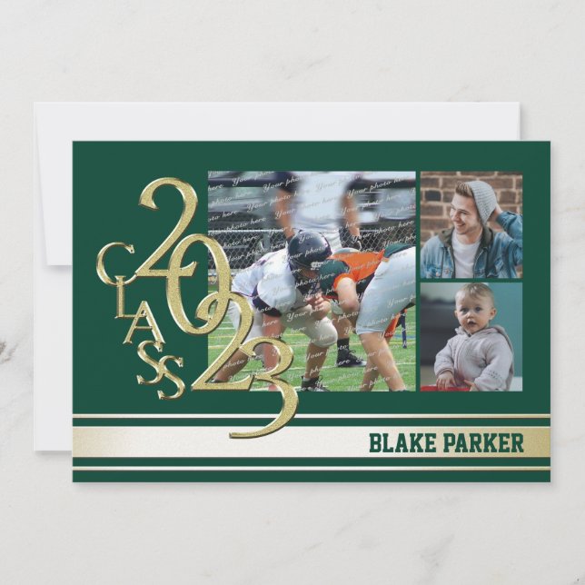 2023 Gold Varsity Stripe Graduate Tri Photo Green Invitation (Front)