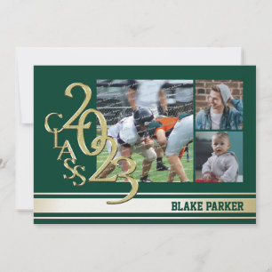 2023 Gold Varsity Stripe Graduate Tri Photo Green Invitation