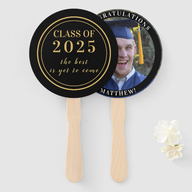 2023 Graduate Inspirational Photo Gold Black Hand Fan (Front and Back)
