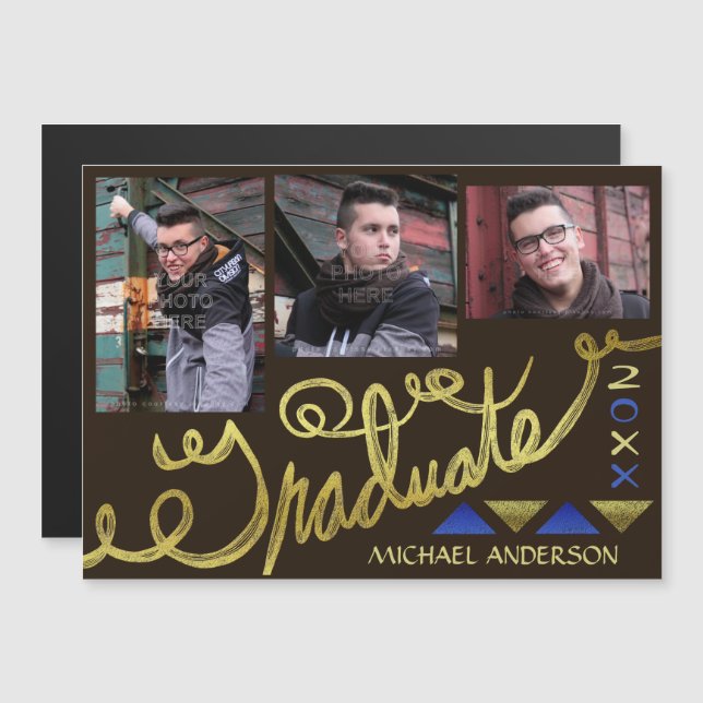 2023 Graduation Faux Gold Typography Photo Collage Magnetic Invitation (Front/Back)