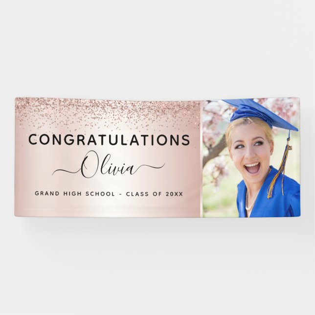 2023 Graduation Glitter Rose Gold Blush Pink Banner (Horizontal)