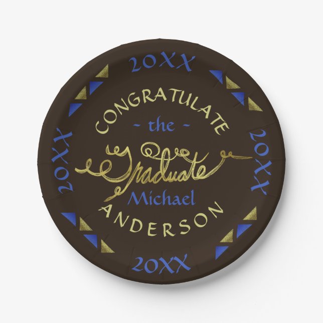 2023 Graduation Party Blue Brown Faux Gold Custom Paper Plate (Front)
