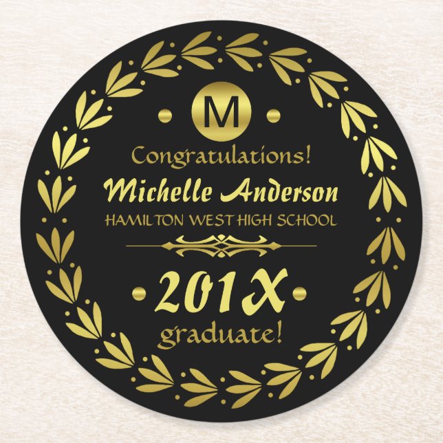 2023 Graduation Party | Custom Gold Laurel Wreath Round Paper Coaster (Front)