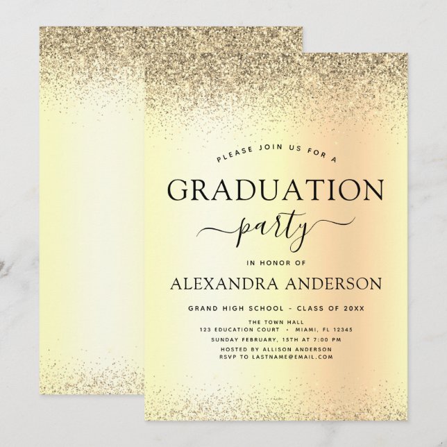 2023 Graduation Party Glitter Gold Black Invitation (Front/Back)